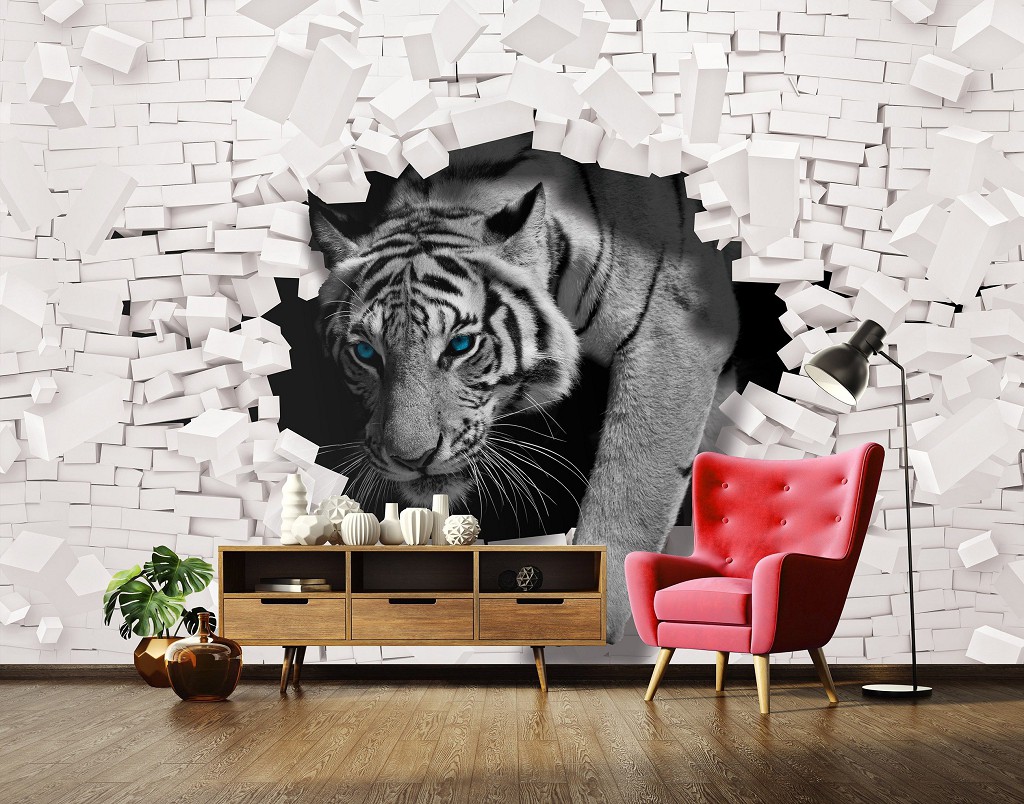 Флізелінові 3д фото шпалери 416х254 см Тигр виходить із цегляної стіни (10400VEXXXL)+клей