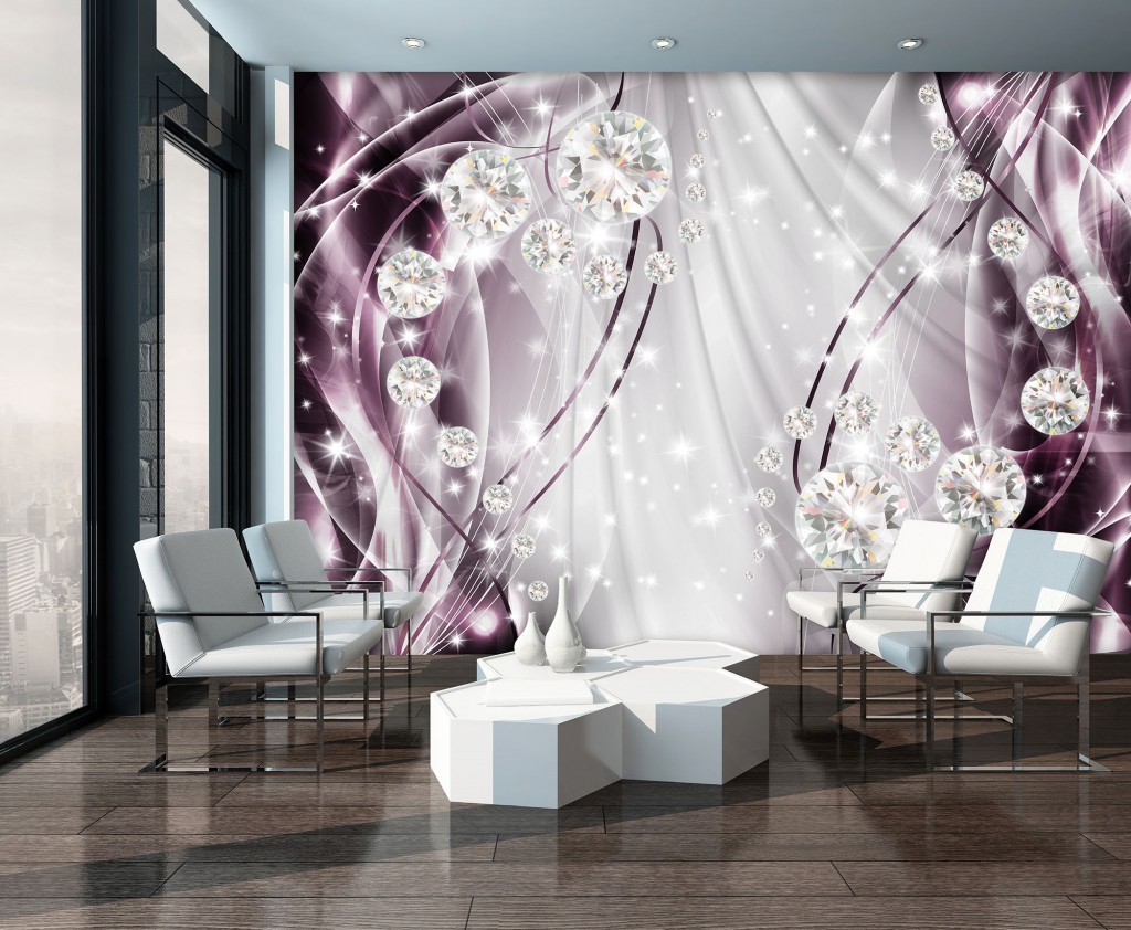 Флізелінові абстрактні фотошпалери на стіну 416х254 см Срібні та фіолетові візерунки з діамантами (10404VEXXXL)+клей