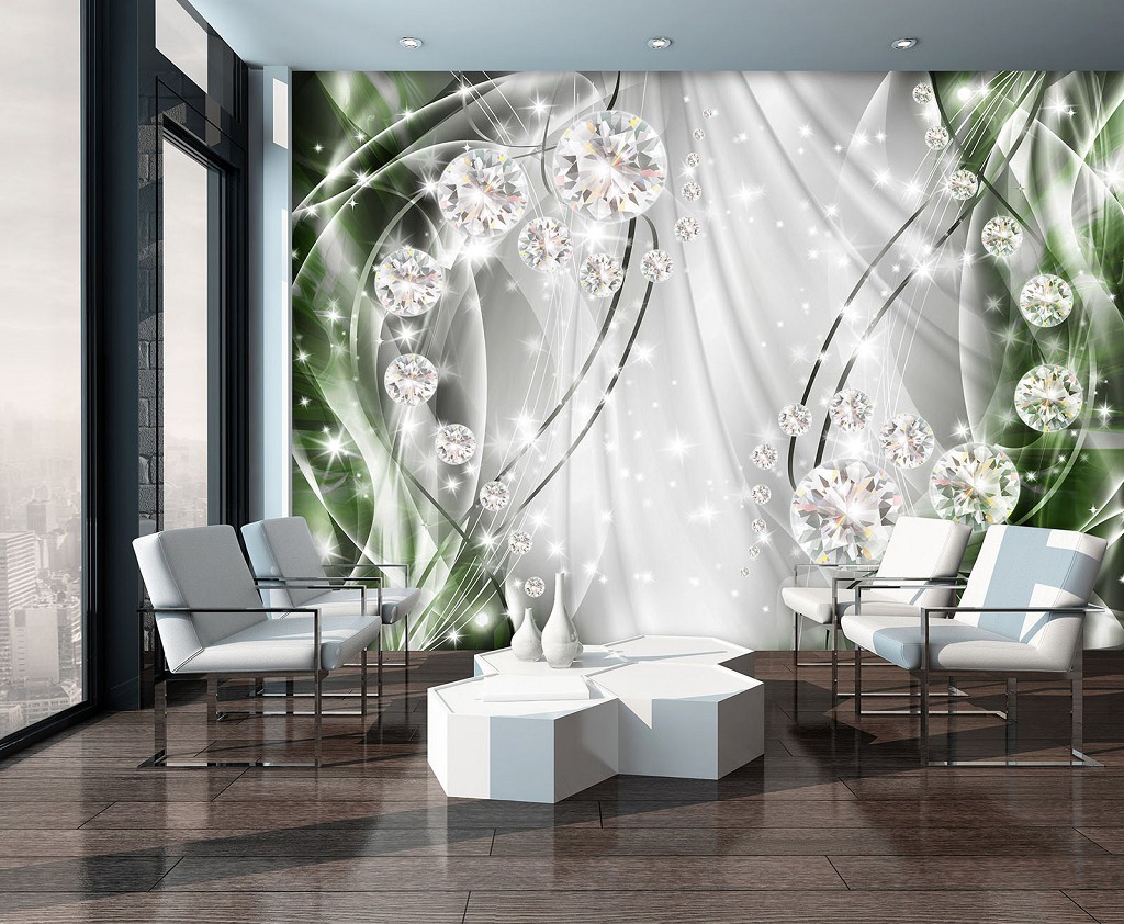 Абстрактные флизелиновые фотообои на стену 416x290 см Серебряные и зеленые узоры с бриллиантами (10405VEXXXXL) +клей