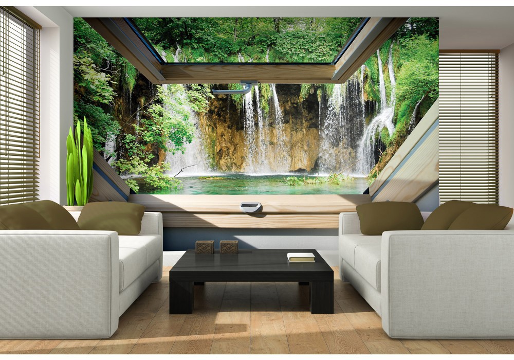 Флизелиновые фотообои фото природы 254x184 см 3Д Вид из мансардного окна на лес с водопадом (10408V4)+клей
