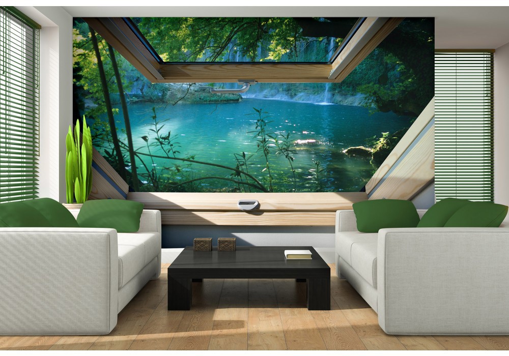 3д флізелінові фотошпалери природа 312x219 см Вид з мансардного вікна на озеро в лісі (10410VEXXL) +клей