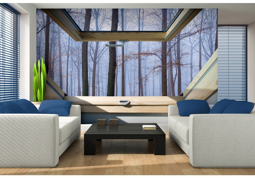 Флизелиновые фотообои в коридор 254x184 см 3Д Вид из мансардного окна на туманный лес (10412V4)+клей