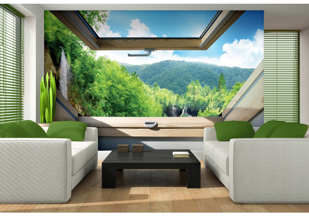 Флізелінові фотошпалери з природою 254x184 см 3Д Вид з мансардного вікна на гори та ліс (10413V4)+клей