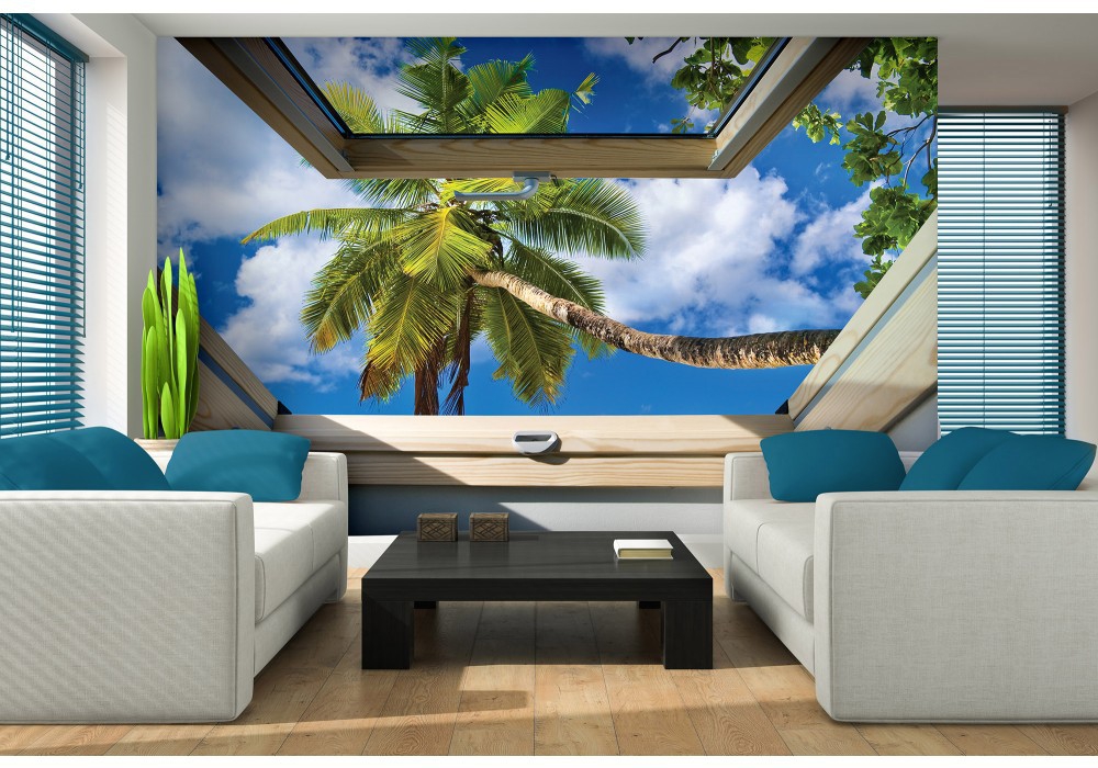 Флізелінові фотошпалери краєвид 460x300 см 3d Вид з мансардного вікна на пальмі на тлі неба (10414V12) +клей