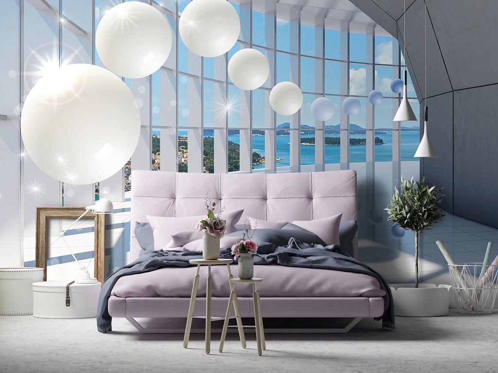 Флизелиновые фотообои 368х254 см 3Д Тоннель с большим окном и шарами (10419V8)+клей