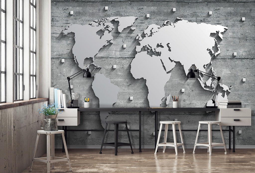 Флизелиновые фотообои для спальни 520x318 см Карта мира из металла на бетонной стене (10420VEXXXXXL) +клей
