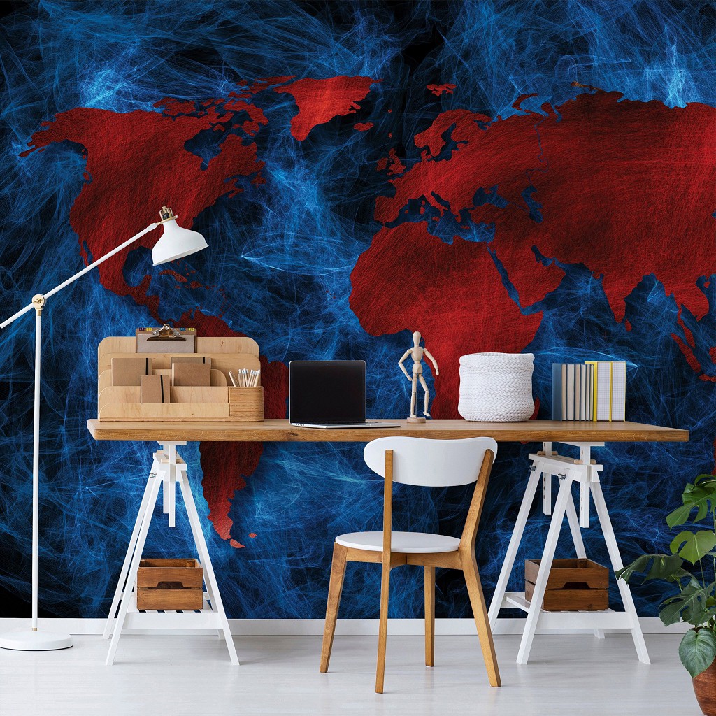 Флизелиновые фотообои для кухни 312x219 см Красная карта мира на синем фоне (10421VEXXL) +клей