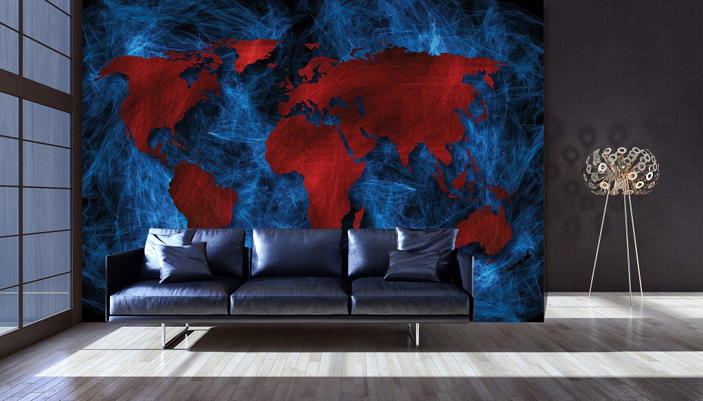 Флізелінові фотошпалери на стіну 416x254 см Червона карта світу на блакитному тлі (10421VEXXXL) +клей