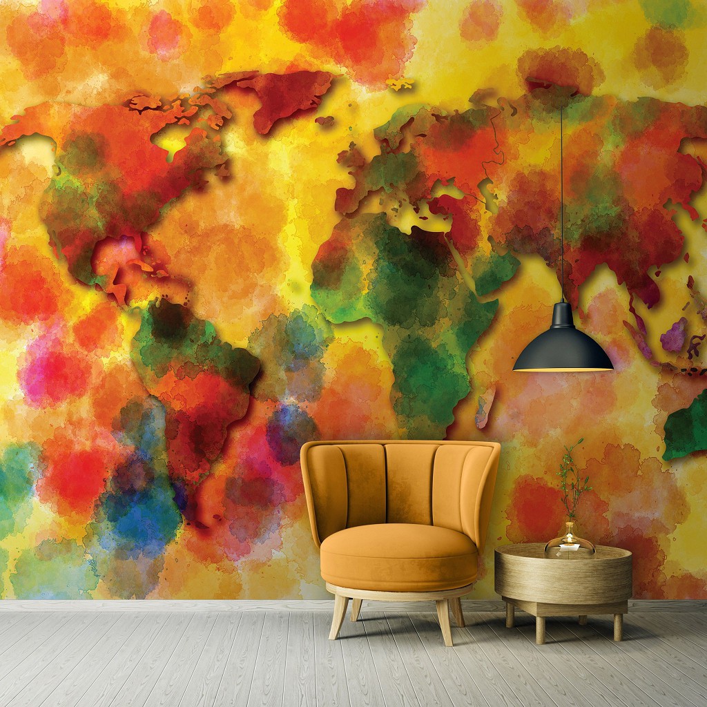 Флизелиновые фотообои в коридор 416x290 см Акварельная красочная карта мира (10423VEXXXXL) +клей