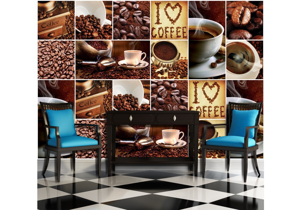 Флизелиновые фотообои на кухню 368x280 см Я люблю кофе коллаж чашки и зерна (10449V10) +клей