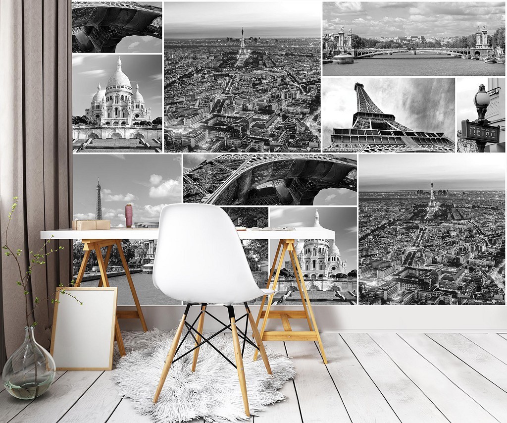 Флізелінові фотошпалери з містами на стіні 368x254 см Чорно-білий колаж з видами на Париж (10458V8) +клей