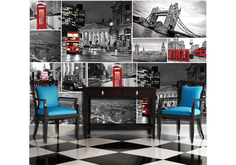 Флизелиновые фотообои с изображением города 416x254 см Черно-белый коллаж с видами на Лондон (10459VEXXXL) +клей