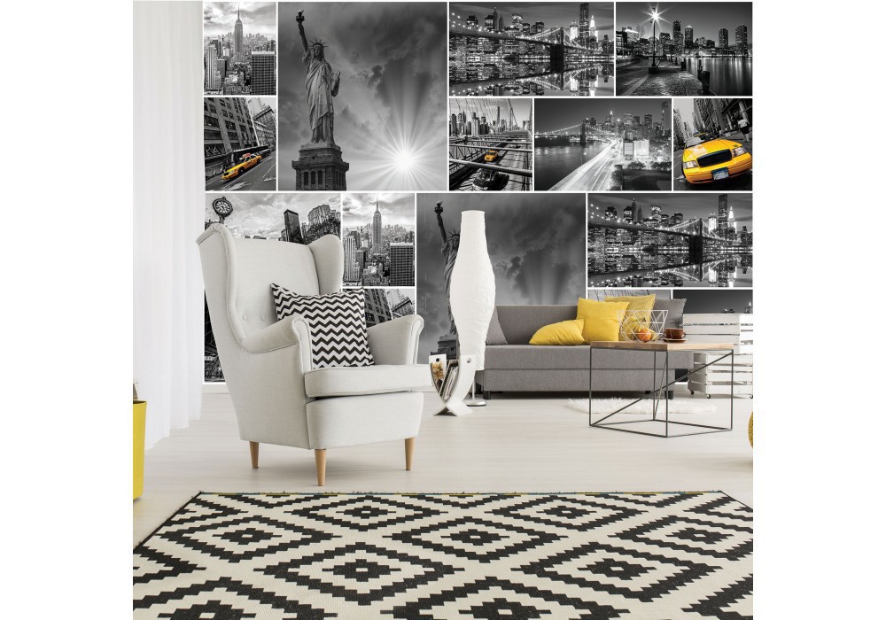 Флизелиновые фотообои в коридор 312x219 см Черно-белый коллаж с видами города Нью-Йорк (10461VEXXL) +клей