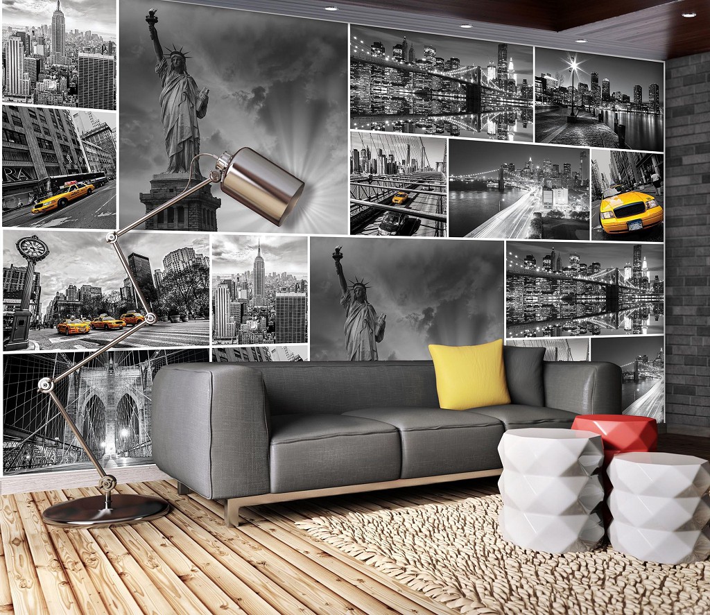 Флизелиновые фотообои в спальню над кроватью 416x254 см Черно-белый коллаж с видами города Нью-Йорк (10461VEXXXL) +клей