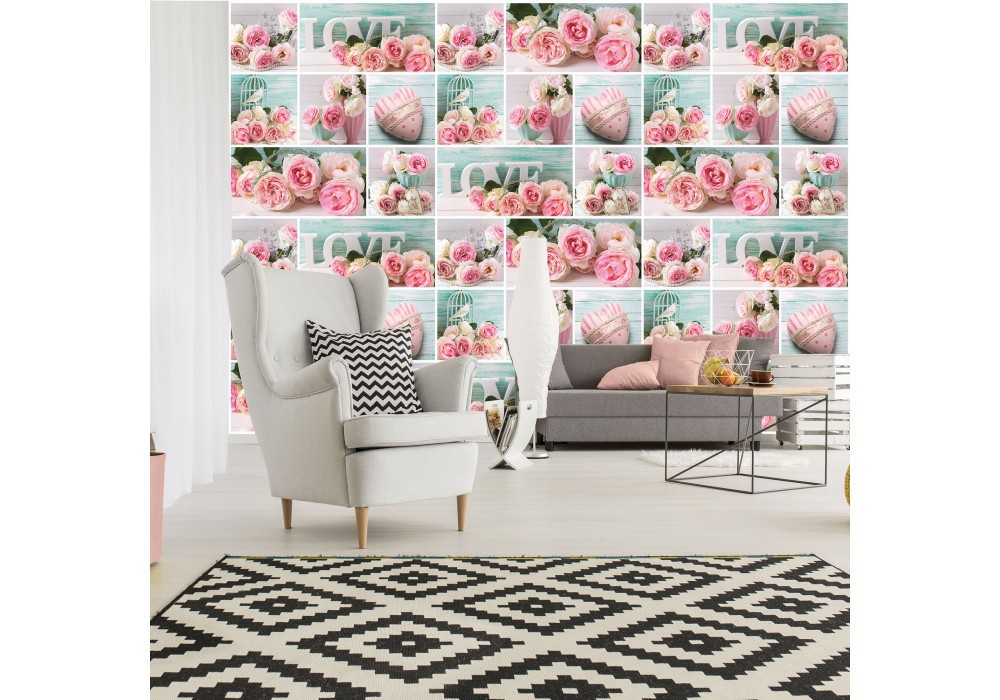 Флізелінові фотошпалери на всю стіну квіти 416x290 см Колаж із троянд та сердечок (10465VEXXXXL) +клей