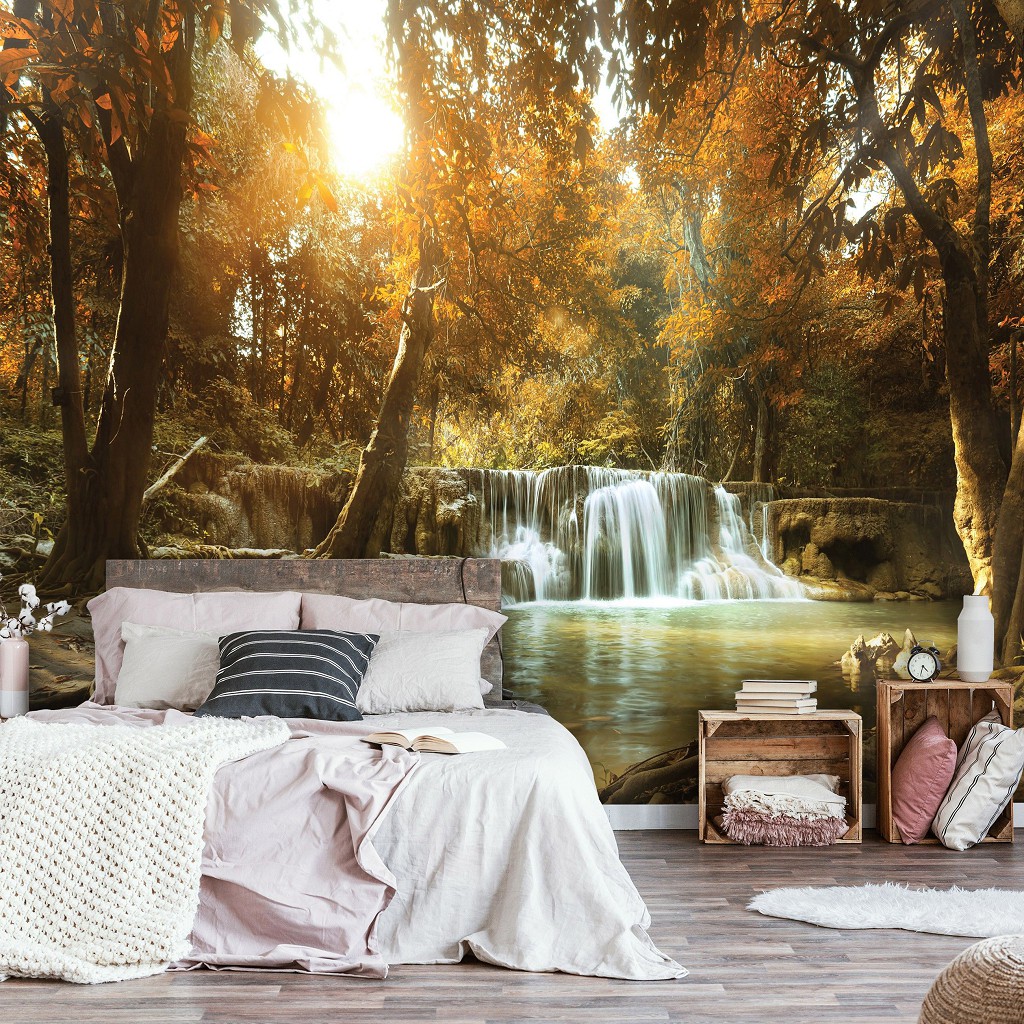 Флізелінові 3д фотошпалери річка 416x290 см Водоспад в осінньому лісі (10470VEXXXXL) +клей