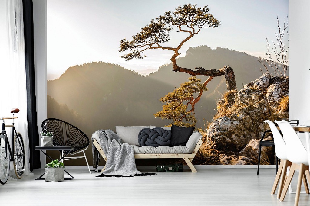 Красиві флізелінові 3Д фотошпалери з природою 312x219 см Гори Пеніни - Дерево на скелі (10511VEXXL)+клей