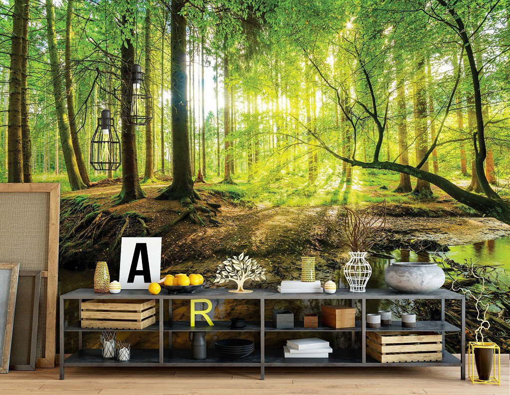 Флизелиновые фотообои 3Д Природа Лучи 460x300 см Ручей в солнечном зеленом лесу (10513V12) +клей