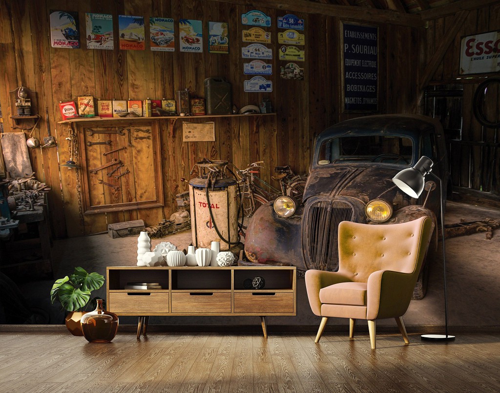 Флізелінові фотошпалери машини 416x290 см Майстерня старих автомобілів у вінтажному стилі (10518VEXXXXL) +клей