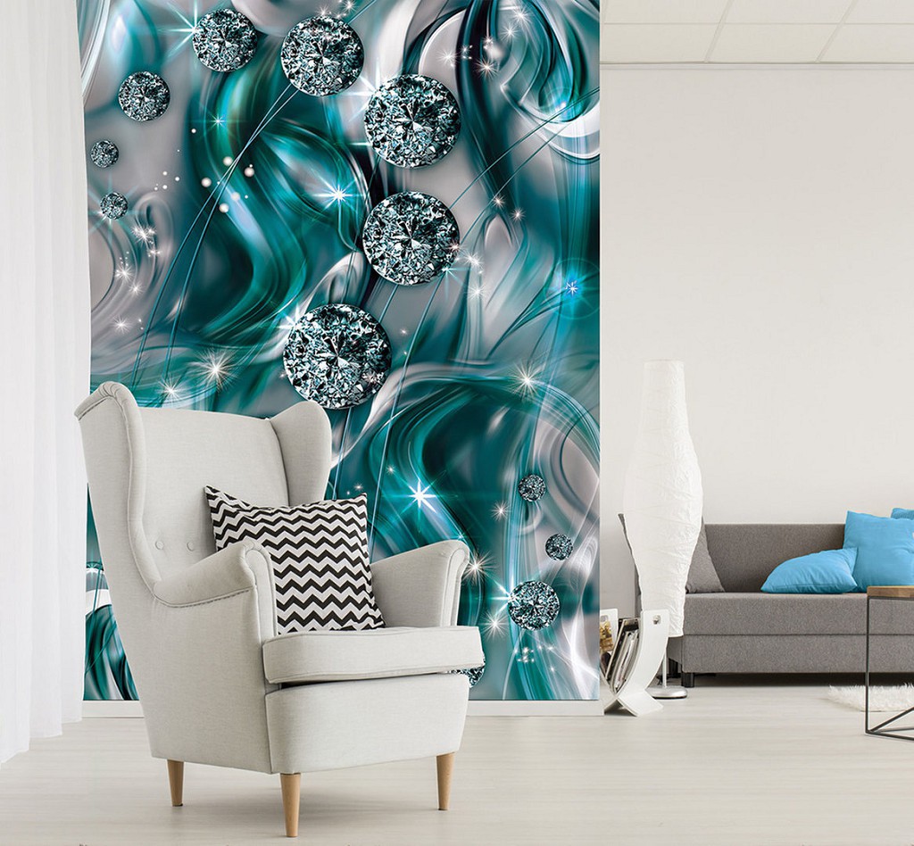 Флізелінові фотошпалери фото 184x254 см Абстракція кольору морської хвилі - Діаманти з блиском (10578V4A)+клей