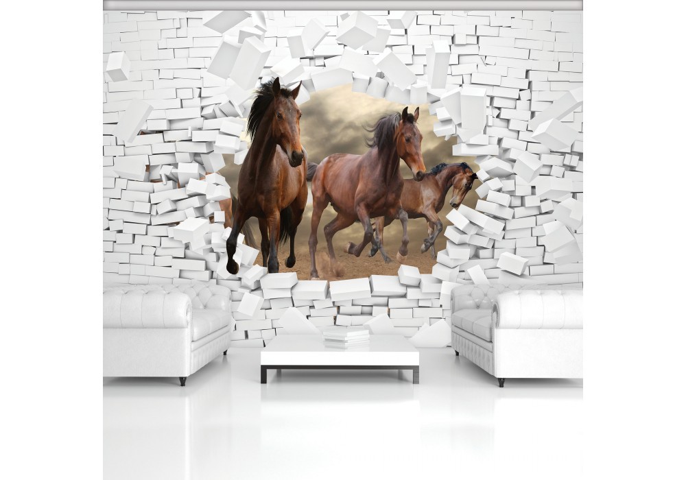 Флізелінові фотошпалери домашні тварини 312x219 см 3D коні та цегляна стіна (10606VEXXL)+клей