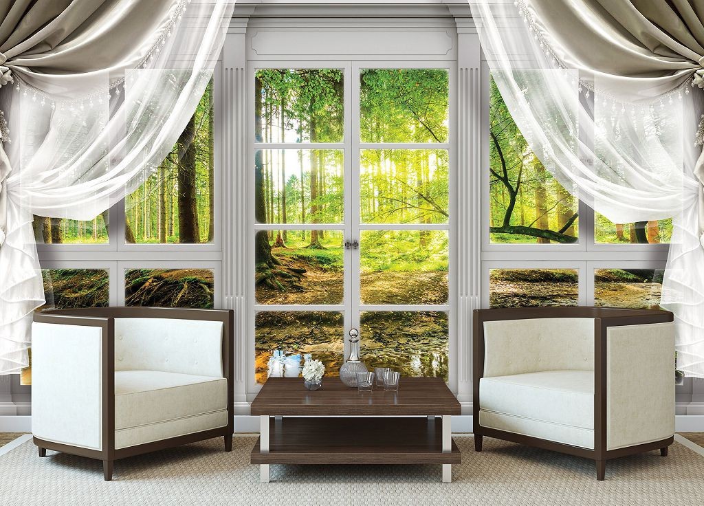Красива природа флізелінові 3Д фотошпалери Сонячний ліс за великими вікнами зі шторами (10620V)+клей