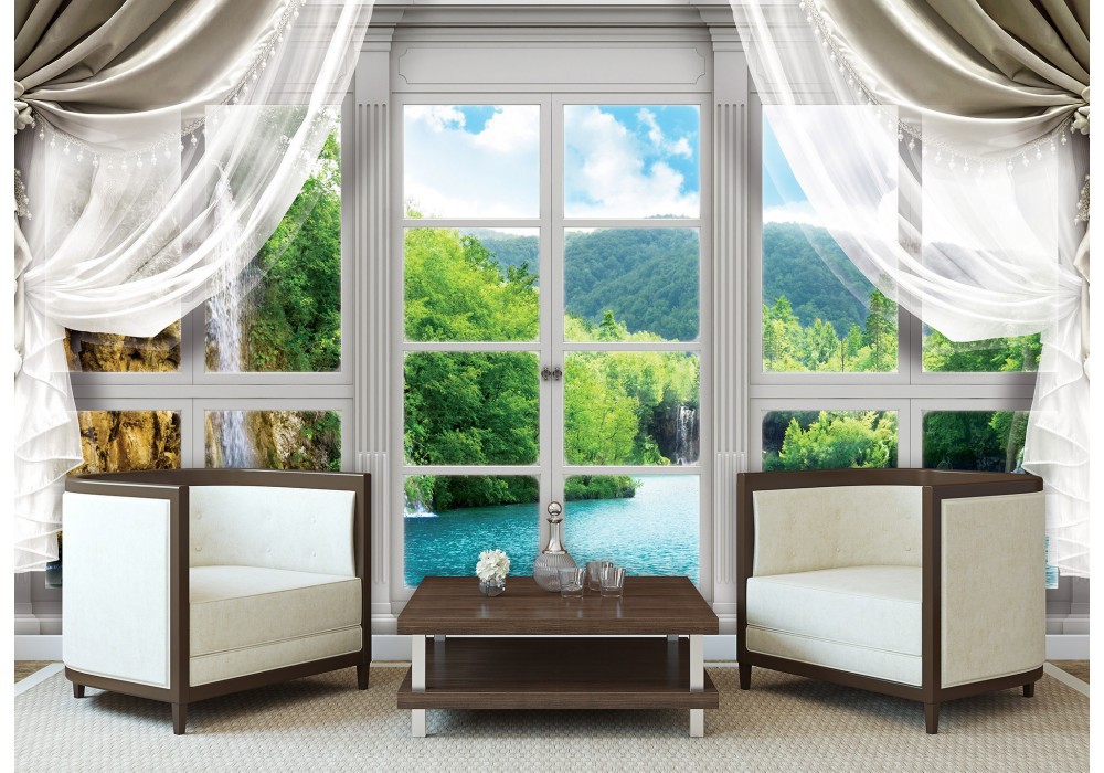 Флізелінові 3д фотошпалери краєвид 312x219 см Вид з великого вікна з шторами на красивий водоспад (10626VEXXL) +клей