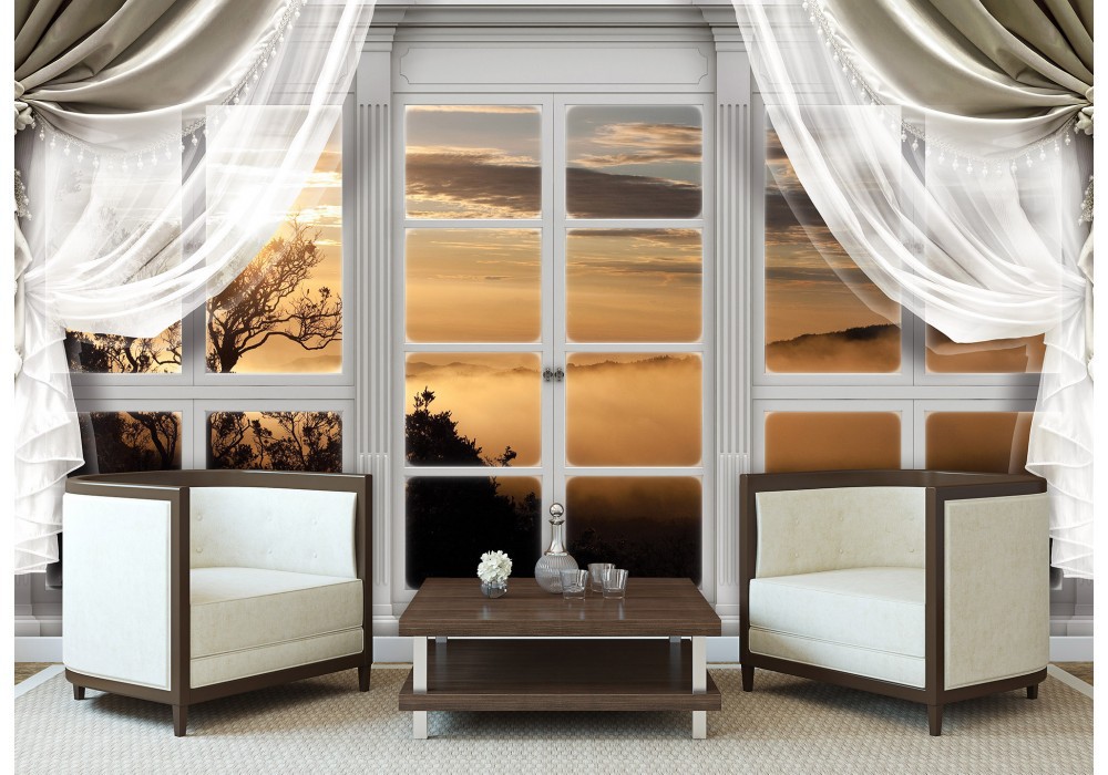 Флізелінові 3д фотошпалери ліс в інтер'єрі 368x254 см Вид з великого вікна з шторами на туманних гір (10627V8) +клей