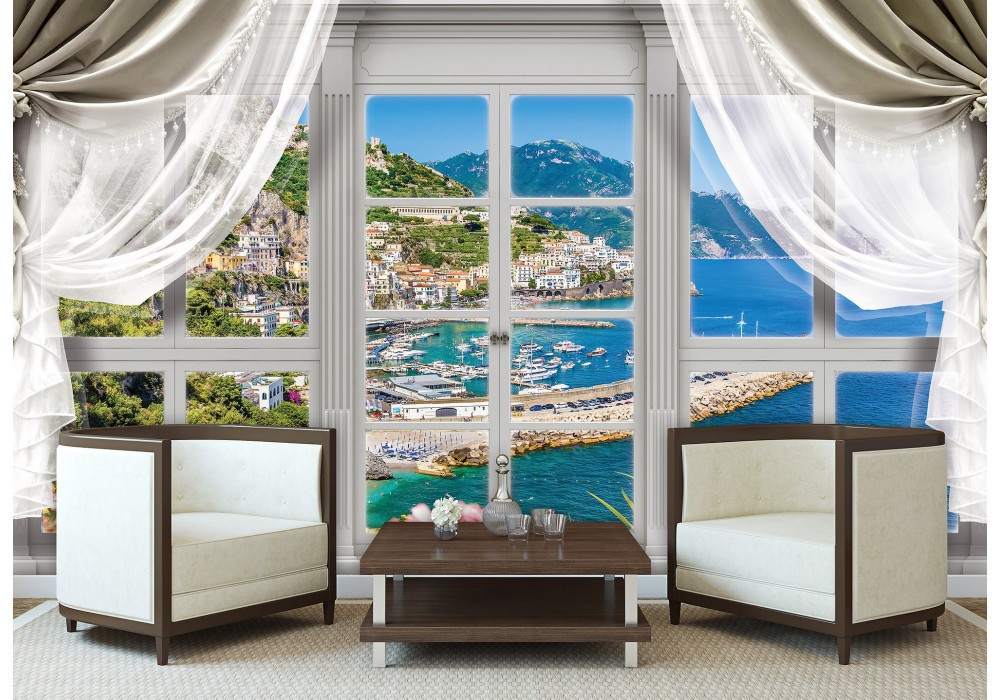 Флізелінові фотошпалери в коридор 312x219 см 3D мальовничий вид з великого вікна зі шторами на морі (10628VEXXL) +клей