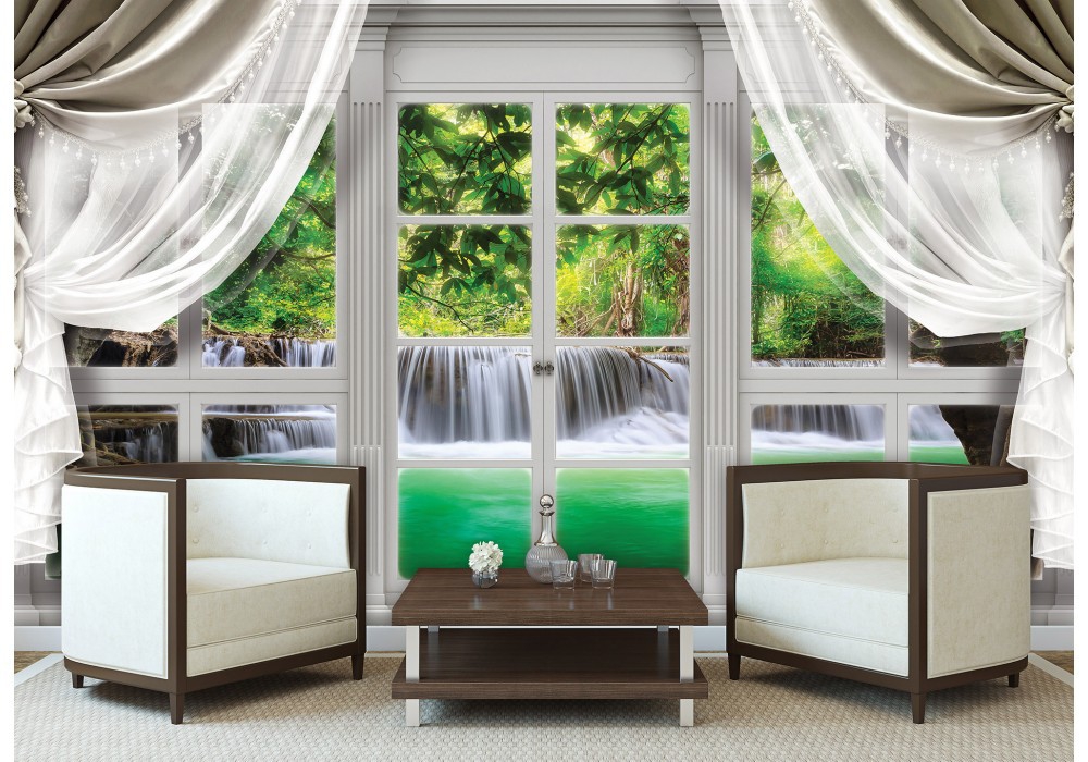 3d флизелиновые фотообои природа 520x318 см Вид из большого окна со шторами на тропический водопад (10629VEXXXXXL) +клей