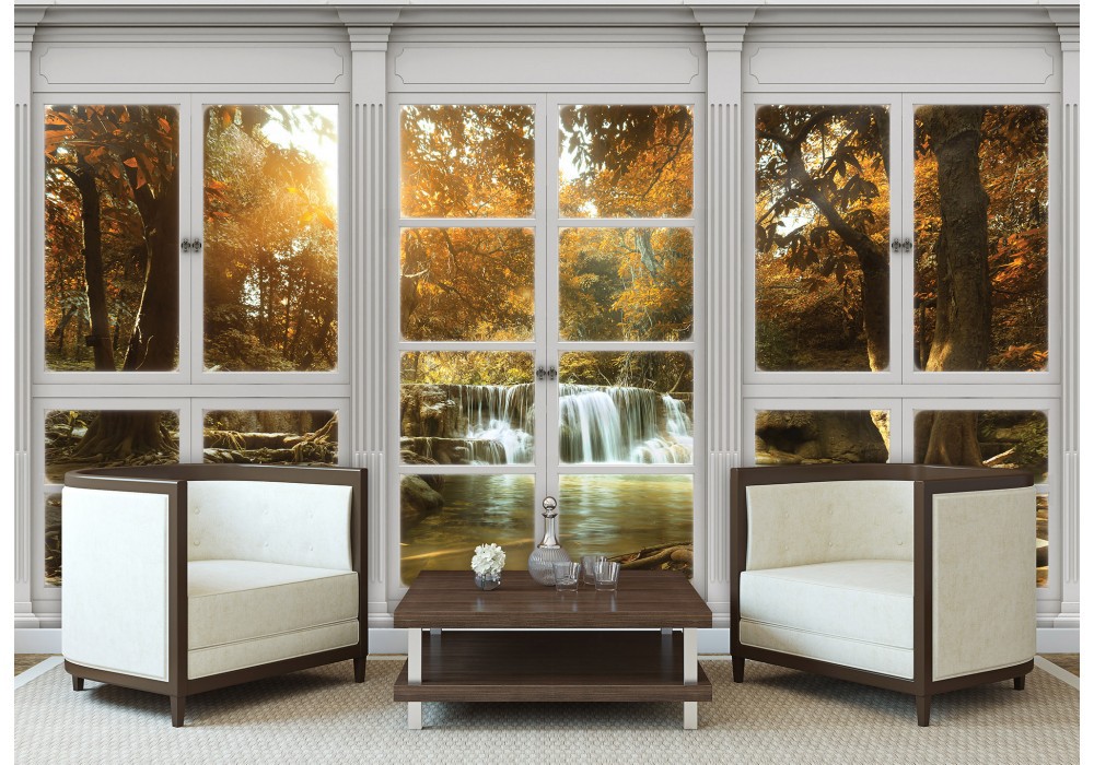 Флізелінові фотошпалери з природою 254x184 см 3D Осінній водоспад вид з великого вікна (10638V4)+клей