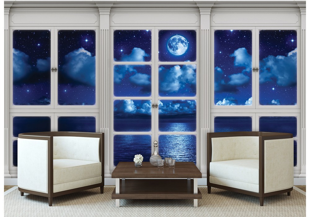 Флізелінові 3д фотошпалери вид з вікна 416x290 см Нічне небо за великим вікном (10641VEXXXXL) +клей