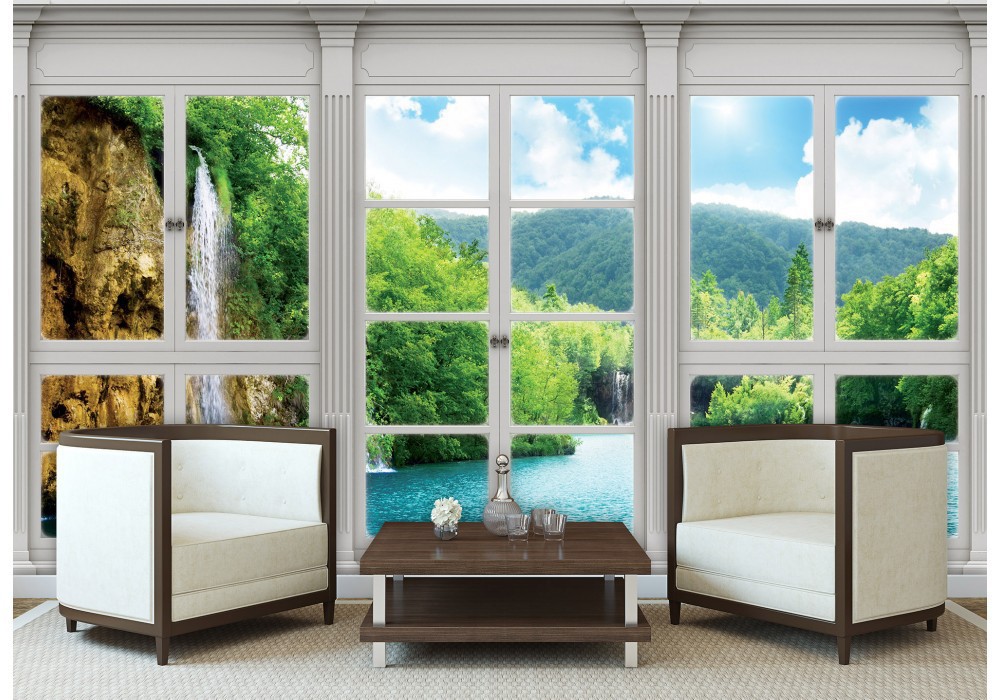 3д флізелінові фотошпалери природа 254x184 см Вид з великого вікна на водоспад (10642V4)+клей