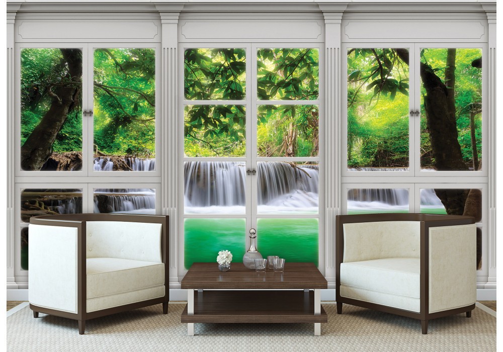 3d природа краєвид флізелінові фотошпалери 460x300 см 3D вид з великого вікна на тропічний водоспад (10645V12) +клей