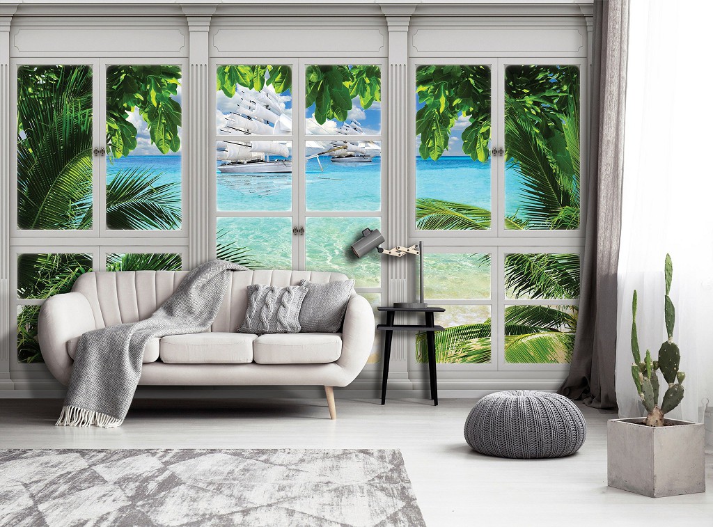 Флізелінові фотошпалери океан 3D Вид з великого вікна на вітрильники (10647V)+клей
