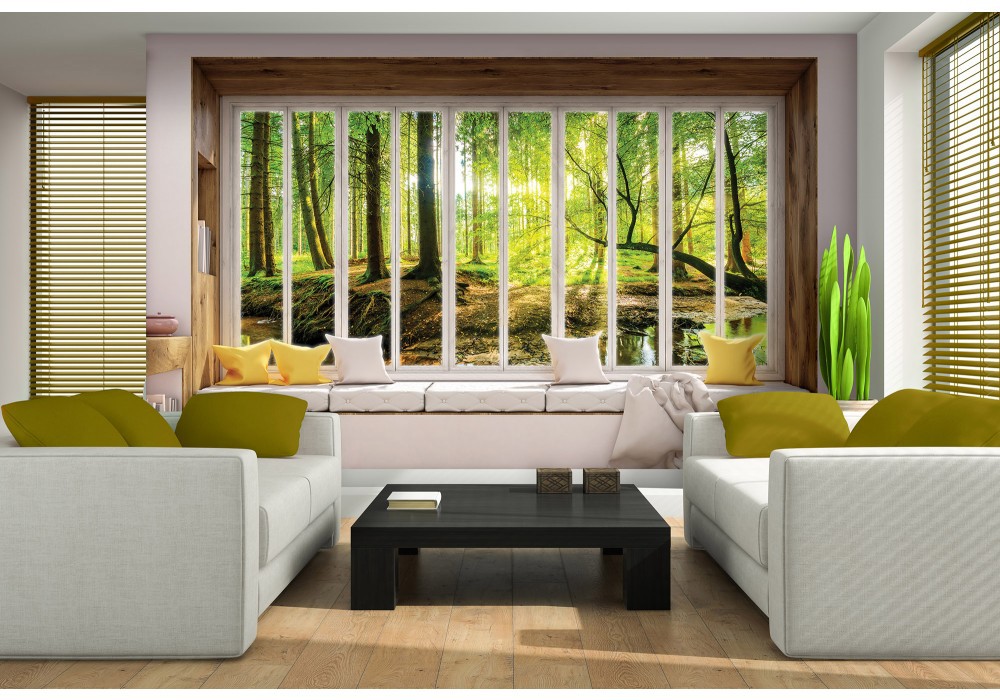 Флізелінові фотошпалери природа 3D Вид на сонячний ліс з великого вікна (10650V)+клей