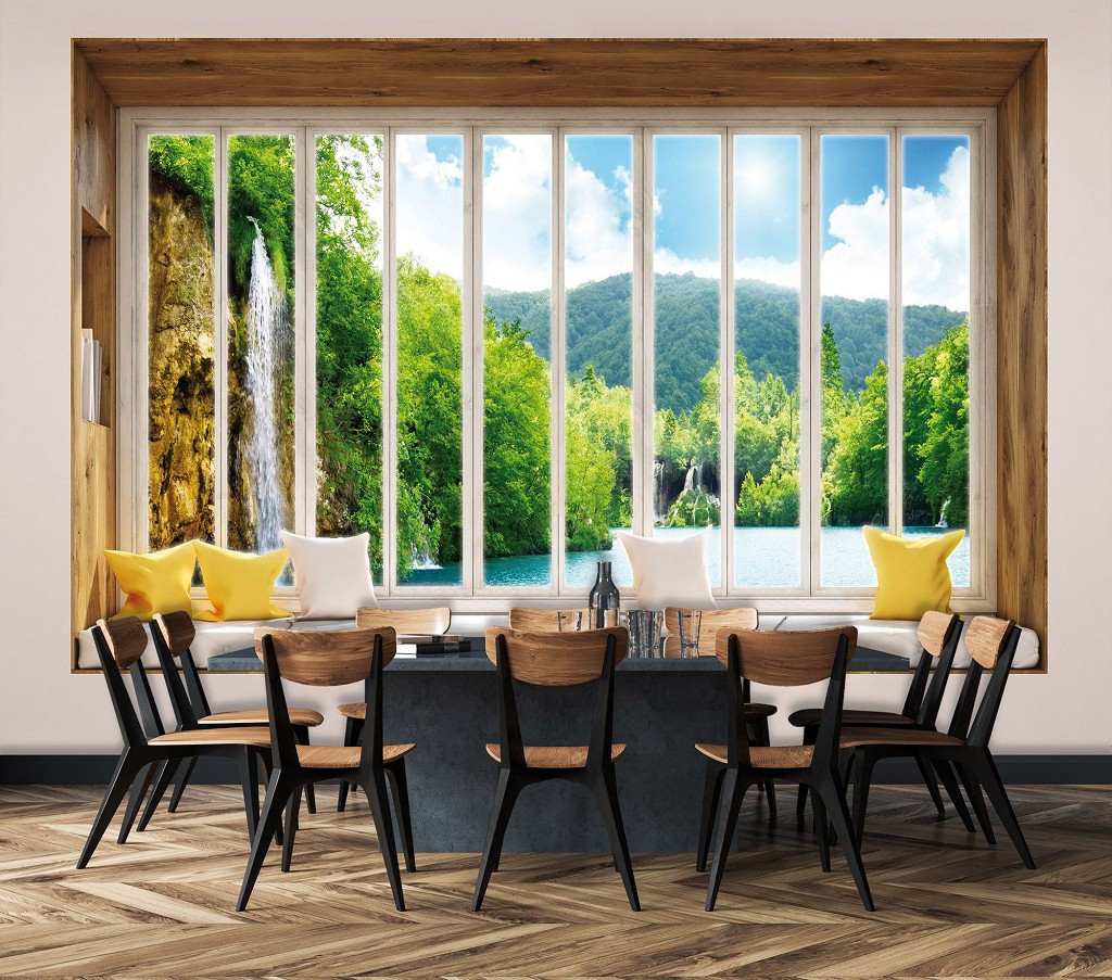 Флізелінові фотошпалери у спальню природа 254x184 см 3D Вид з великого вікна на красивий водоспад (10653V4)+клей