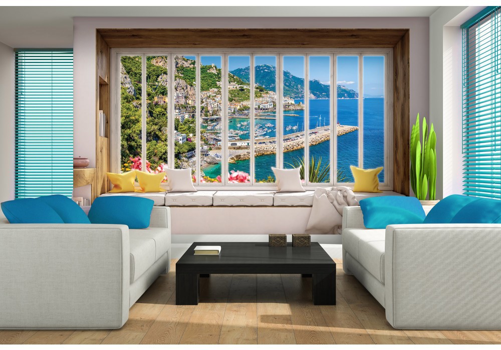 Флизелиновые 3д фотообои в стиле город 416x254 см Живописный вид из большого окна на море (10654VEXXXL) +клей