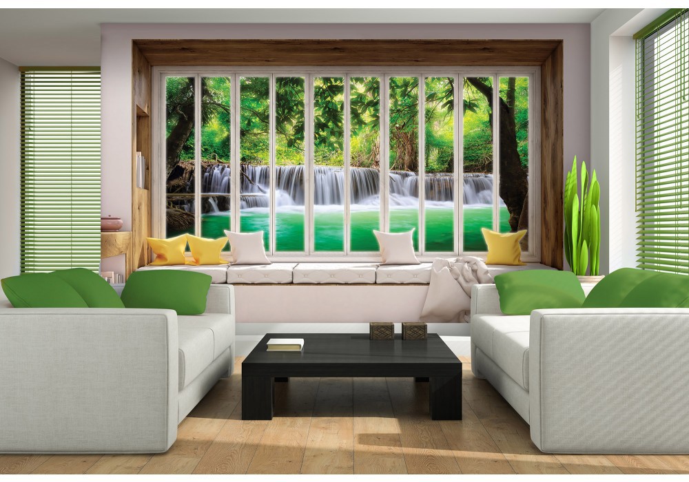 3д флизелиновые фотообои джунгли деревья 368x254 см Вид на тропический водопад из большого окна (10655V8) +клей