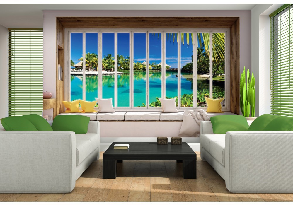 Флизелиновые фотообои тропики море 368x254 см 3D Вид на Гавайи из большого окна (10656V8) +клей