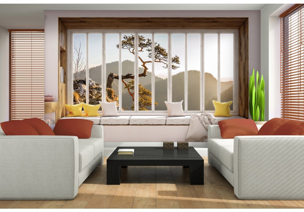 Флизелиновые фотообои 3D дерево на стену 368x254 см Вид из большого окна на горы Пенины (10661V8)+клей