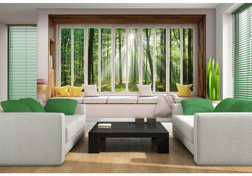 Моющиеся флизелиновые фотообои природа пейзаж деревья 368x280 см 3D Вид из большого окна на зеленый лес (10664V10) +клей