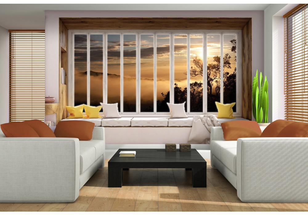 Флізелінові фотошпалери природа краєвид 368x280 см 3D вид з великого вікна на туманні гори (10665V10) +клей