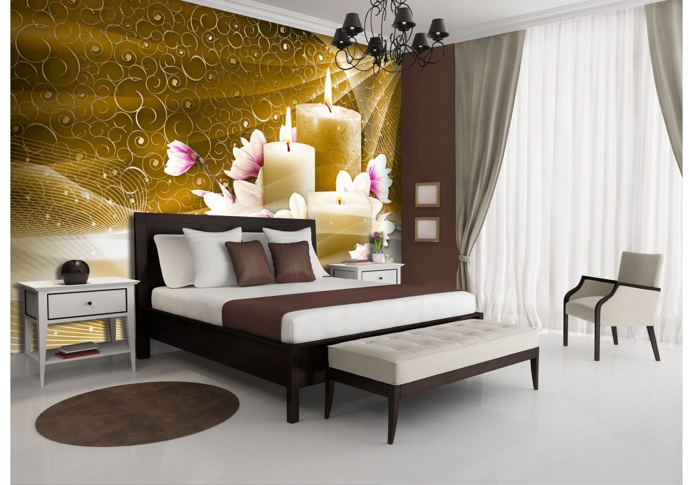 Флизелиновые фотообои в спальню над кроватью цветы СПА 368x280 см Свечи и магнолия на коричневом фоне (10674V10) +клей