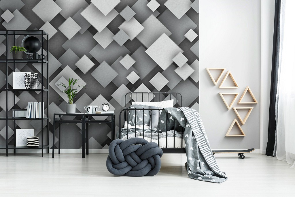 Флизелиновые фотообои для стен ромбы геометрическая абстракция 3Д 254x184 см Серые квадраты (10683V4)+клей