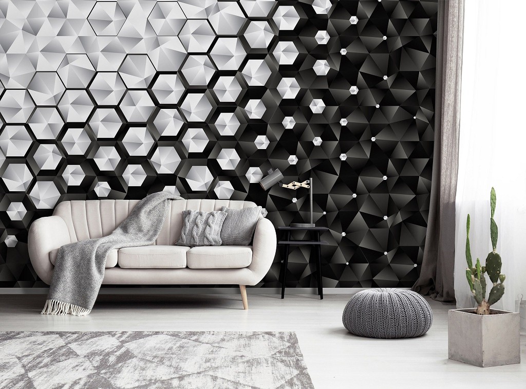 Флізелінові фото шпалери геометрія 416x254 см 3D Чорно-білі шестикутники (10684VEXXXL)+клей