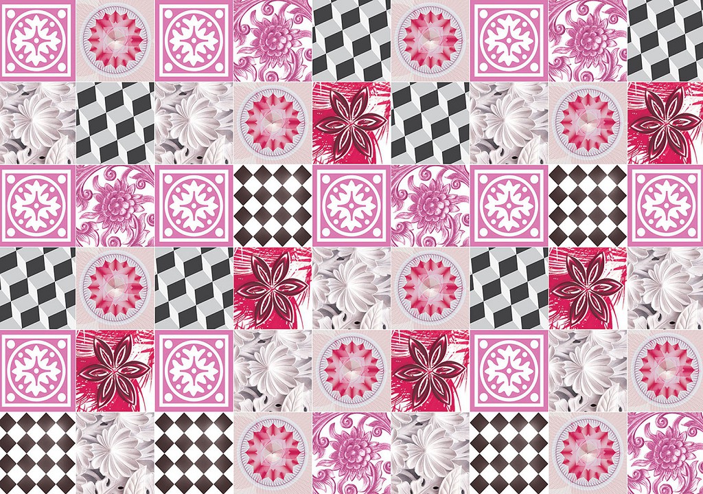 Флізелінові фотошпалери в клітинку в інтер'єрі квадрати 254x184 см Мозаїка Рожева Плитка (10709V4)+клей