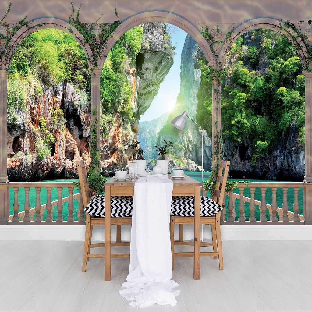 Флізелінові фотошпалери Природа Краєвид 416x254 см 3D Море та скелі за аркою з квітами (1071VEXXXL)+клей