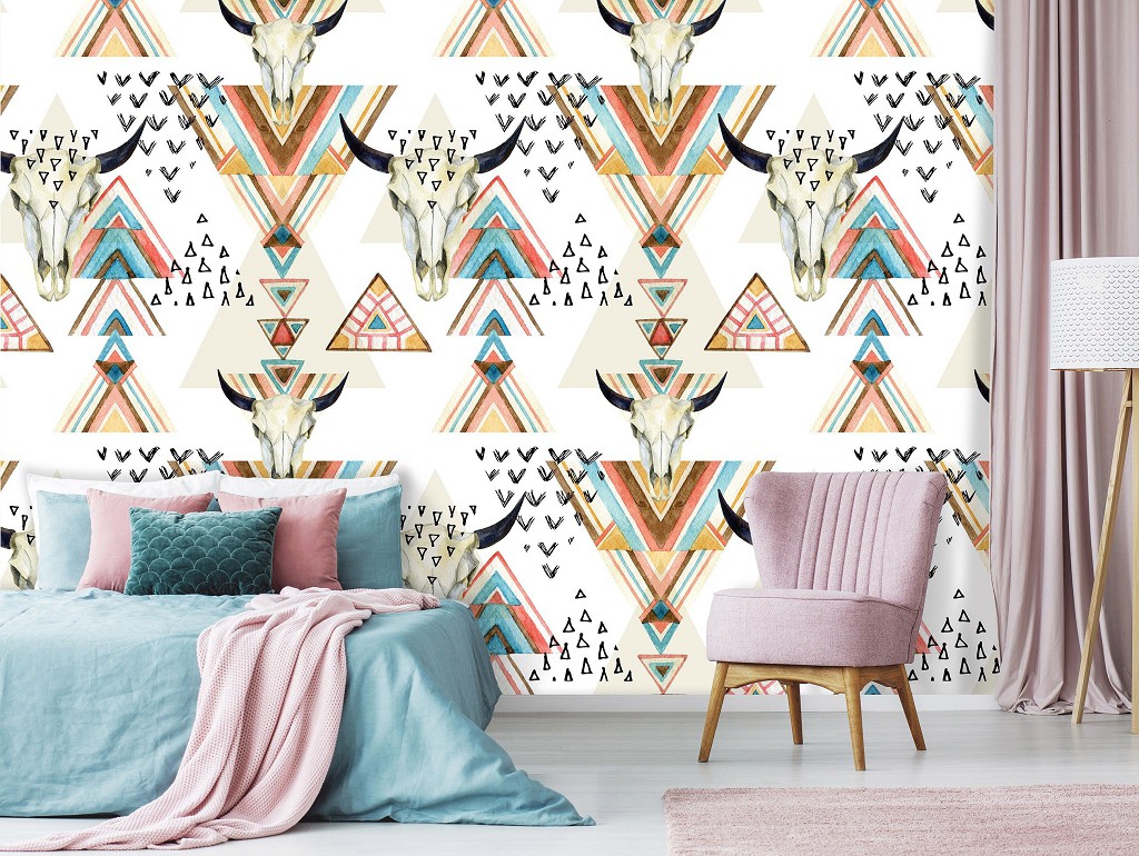 Красиві флізелінові фотошпалери абстракції 368x254 см Черепи та трикутники (10727V8) +клей