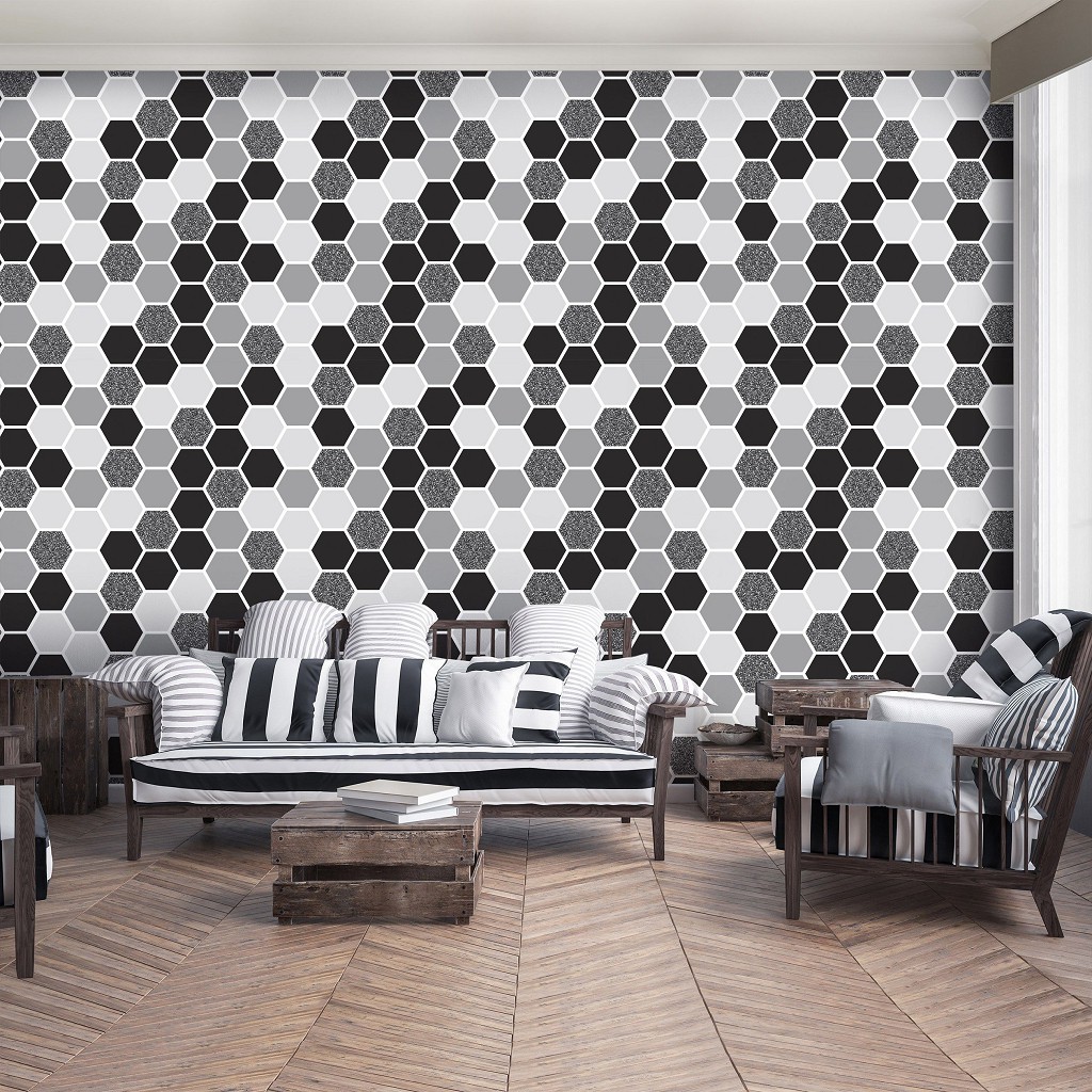 Флізелінові фотошпалери абстракція в інтер'єрі 460x300 см Шестикутна чорно-біла мозаїка (10731V12) +клей